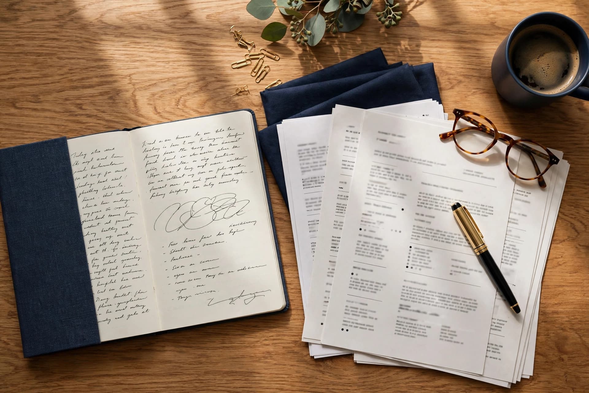 An editorial writing desk with a notebook, regulatory briefing papers, a fountain pen and coffee