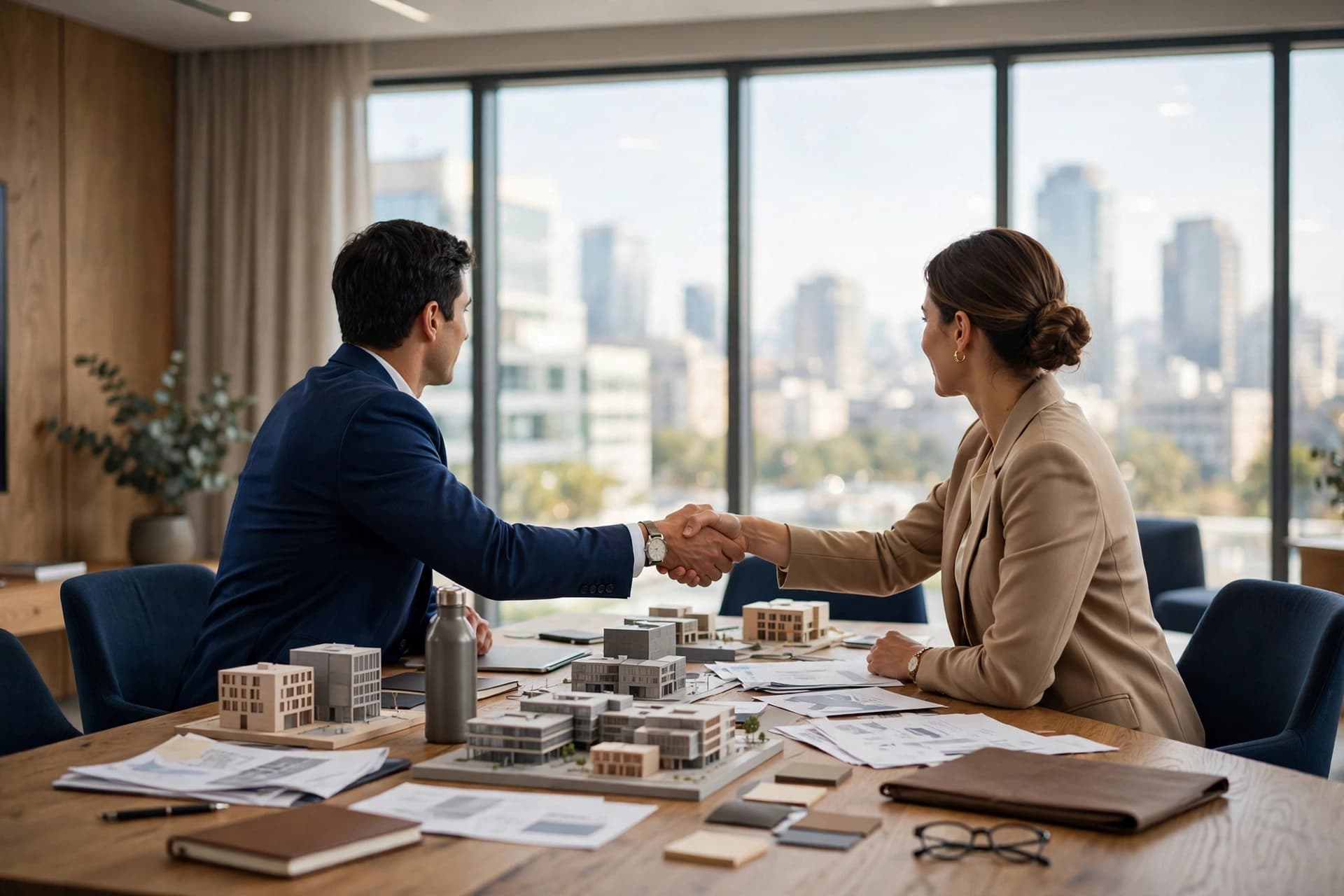 Two business professionals shaking hands across a conference table after a successful meeting