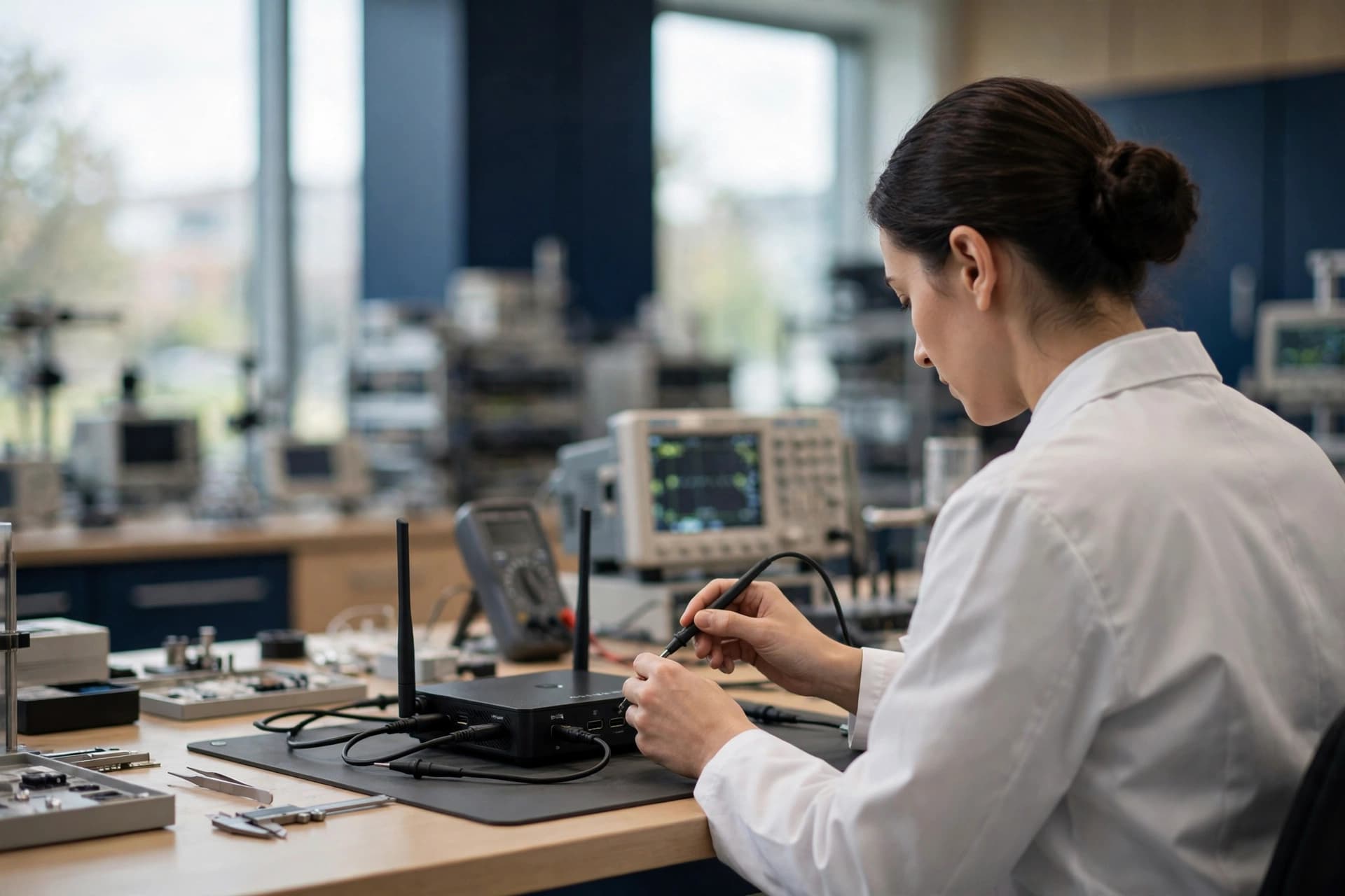 A technician in a product testing laboratory examining an electronic device with precision instruments