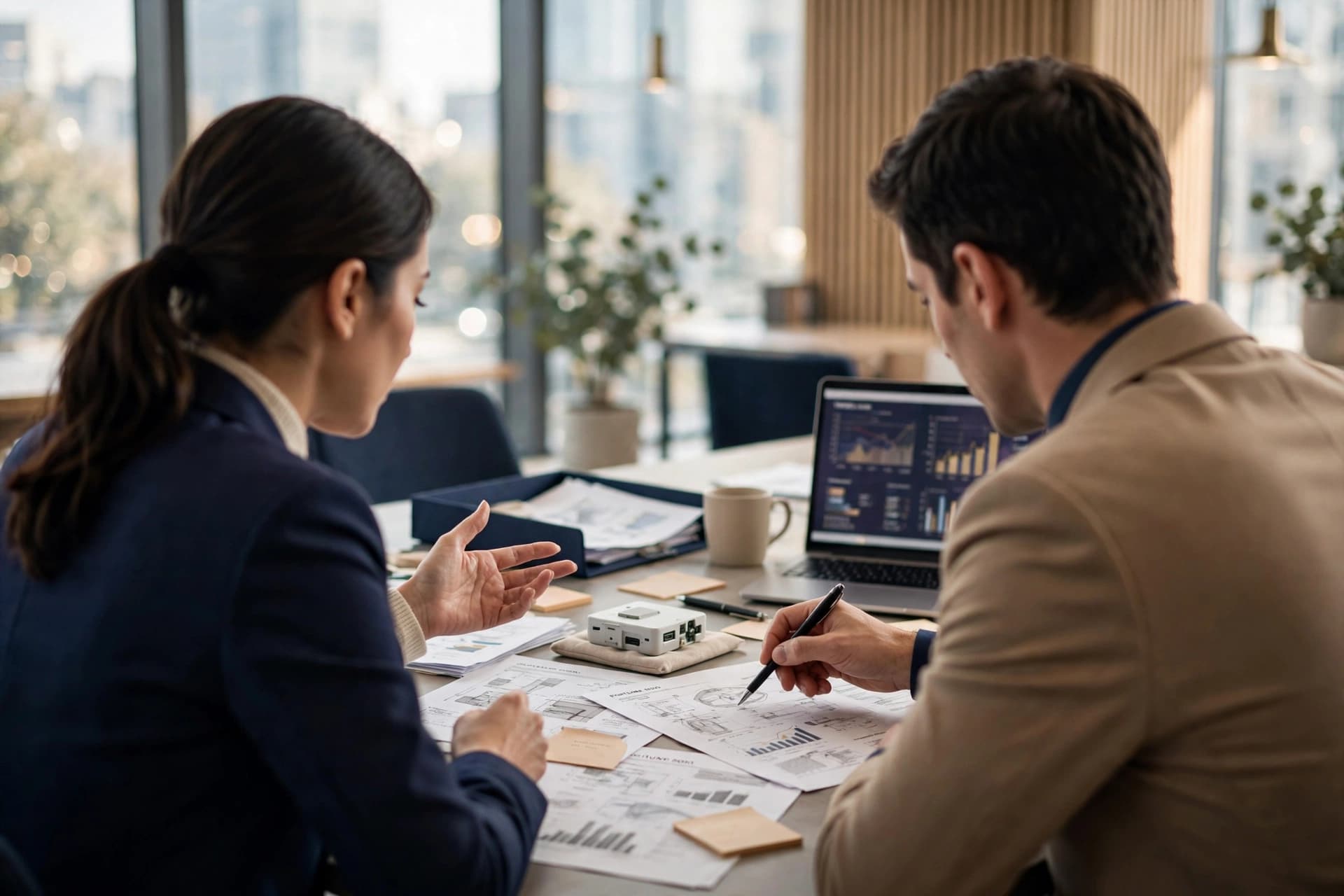Two professionals reviewing product compliance documents together at a table, with charts on a laptop screen