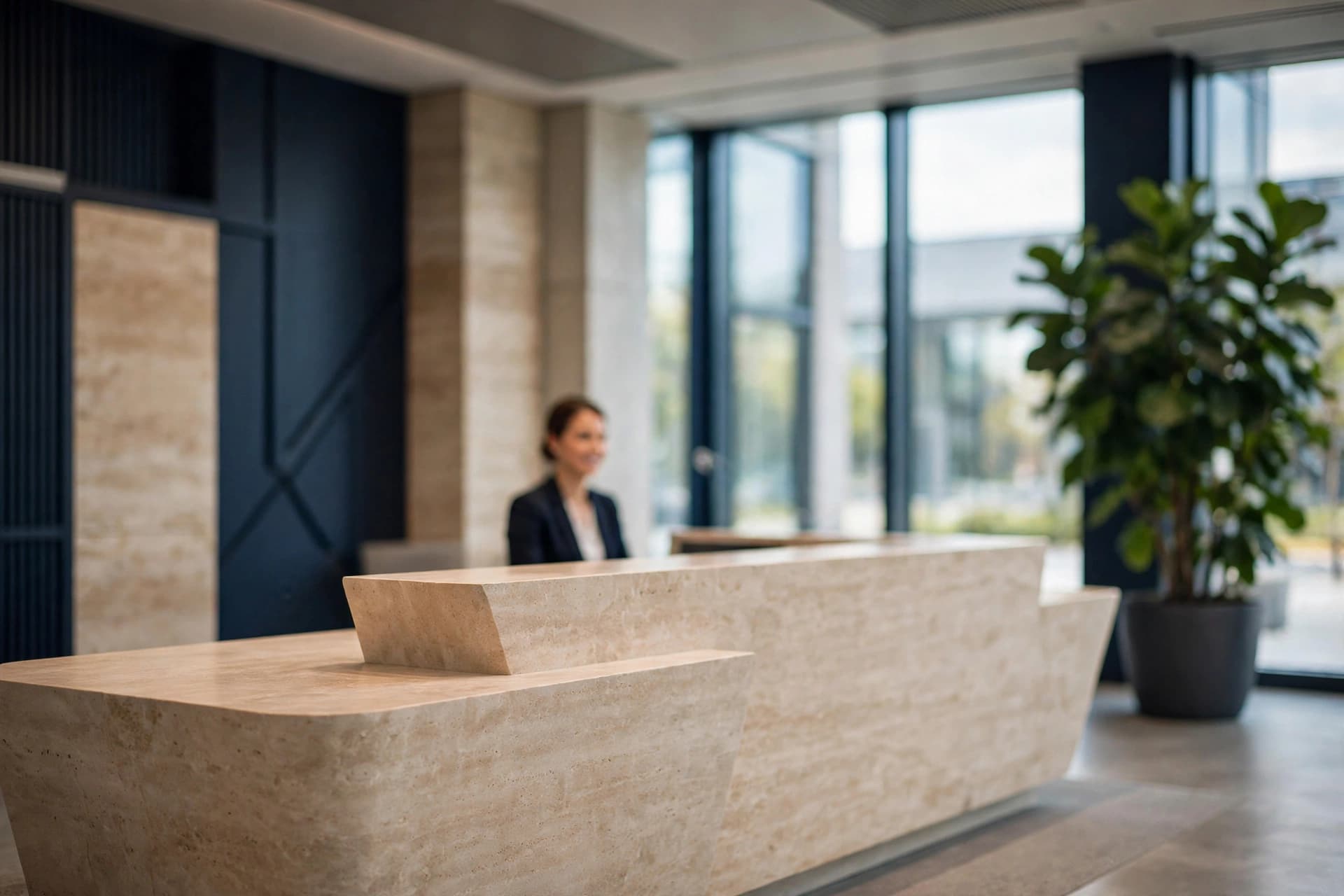 A bright modern corporate reception area with a stone desk and tall windows