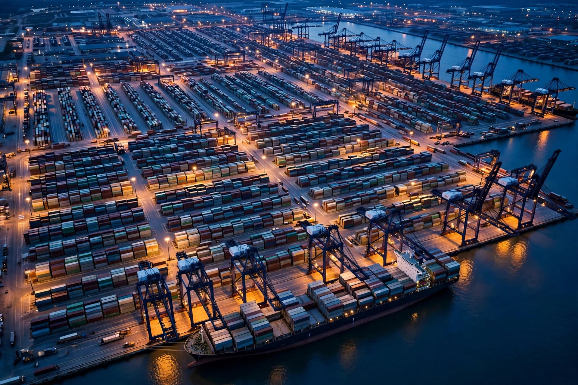 Aerial view of a container port at dusk, with stacked shipping containers and cranes loading a cargo vessel