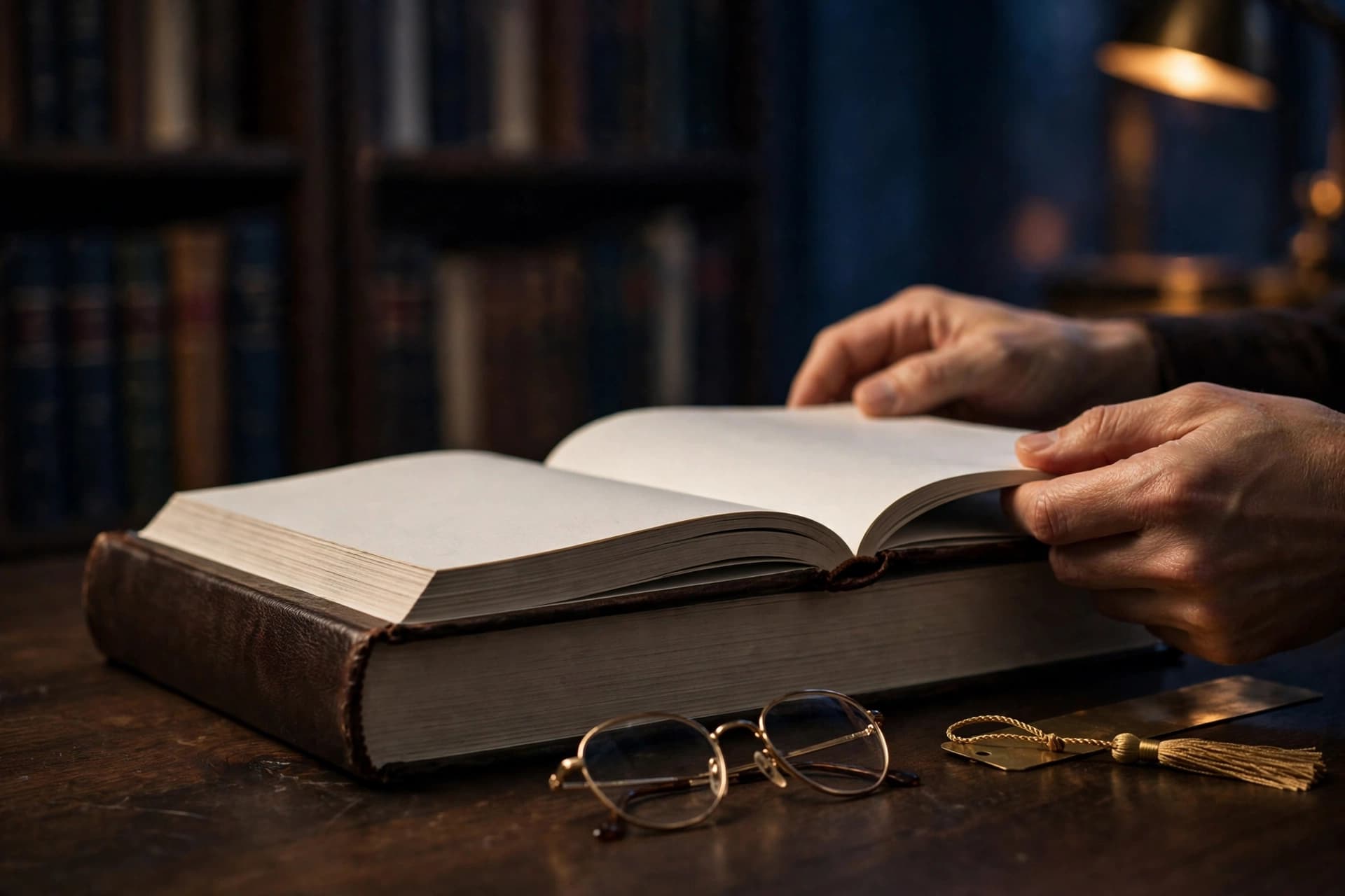Hands opening a large hardcover reference volume on a dark wood desk beside reading glasses