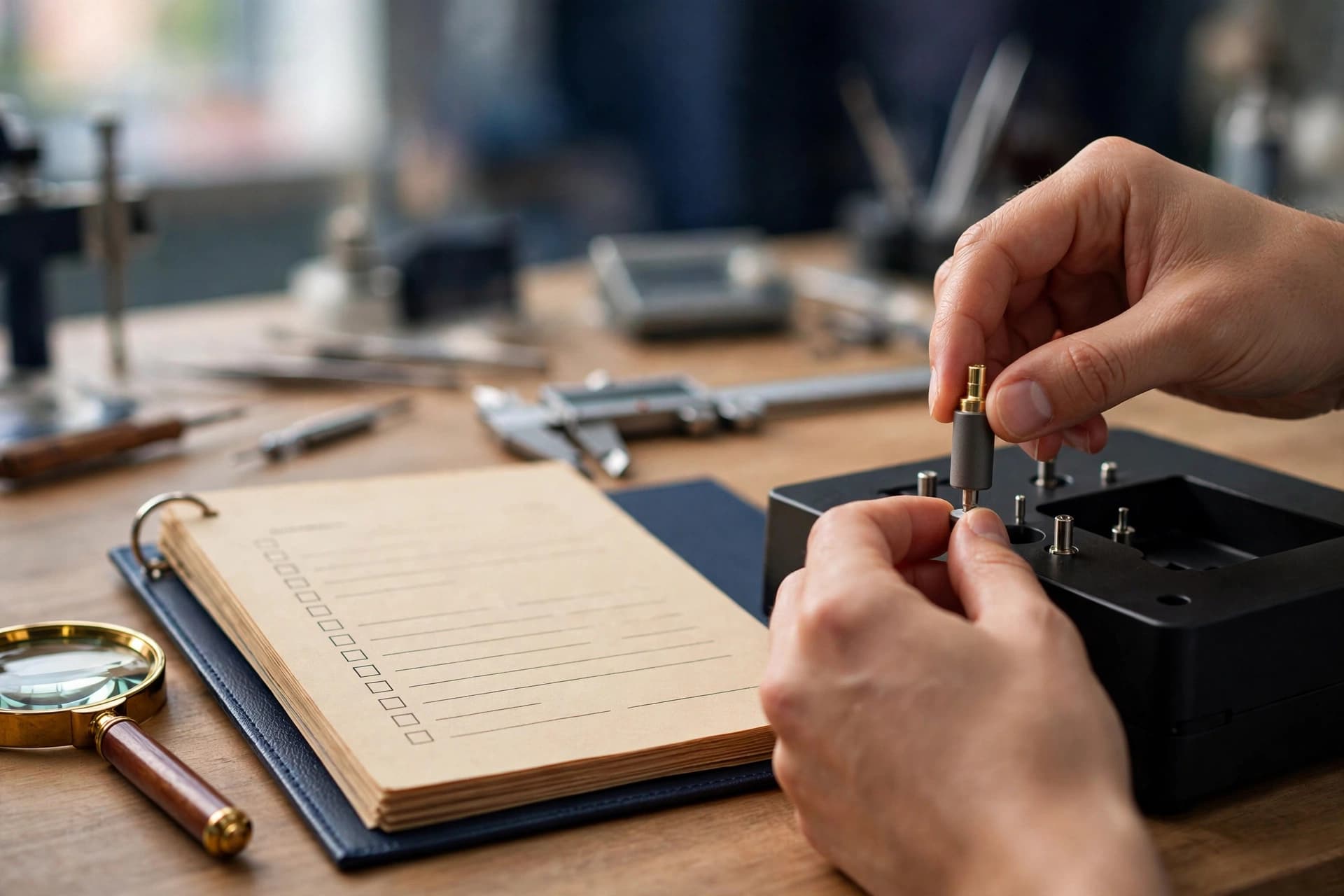 Hands placing a product sample onto a testing station beside an open compliance checklist