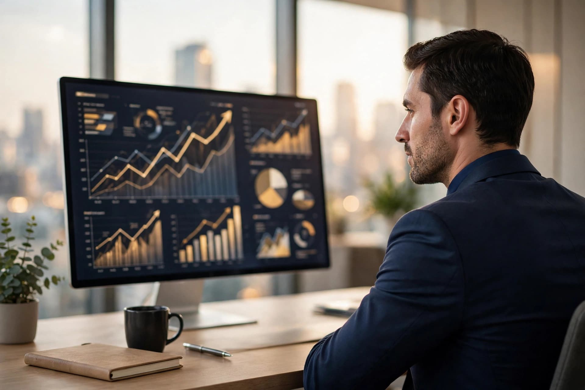 A business professional reviewing growth analytics on a large monitor in a modern office