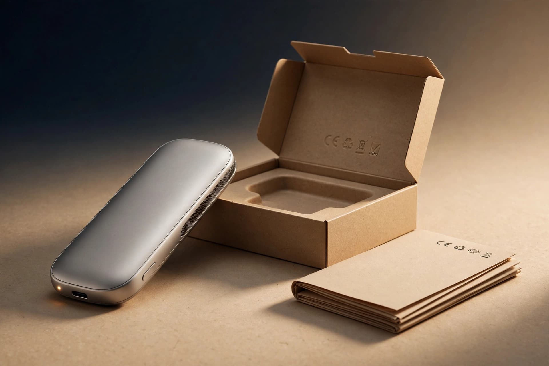 A premium electronic product beside its packaging showing CE and regulatory compliance markings