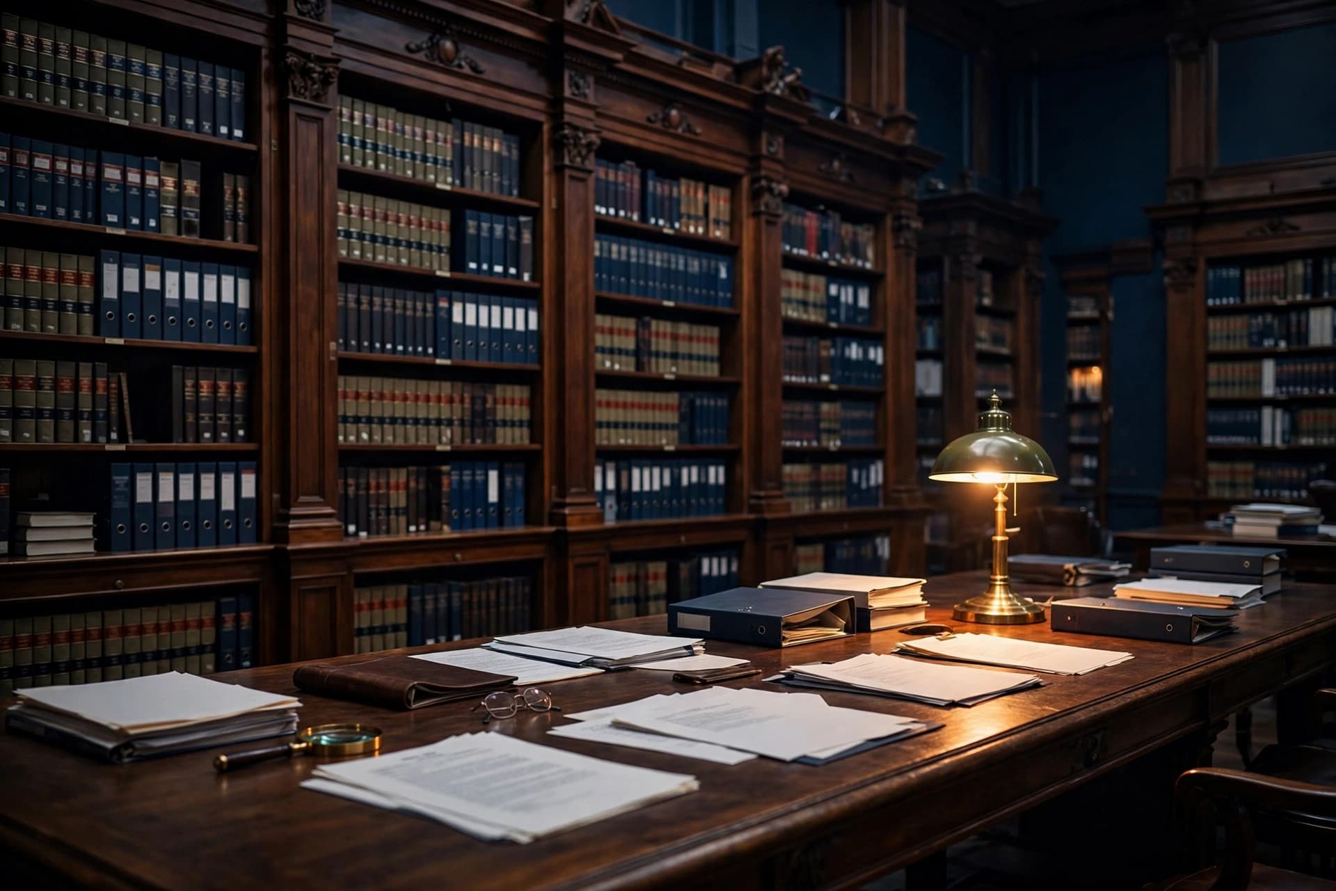 A grand institutional law library with tall shelves of legal volumes and regulatory binders